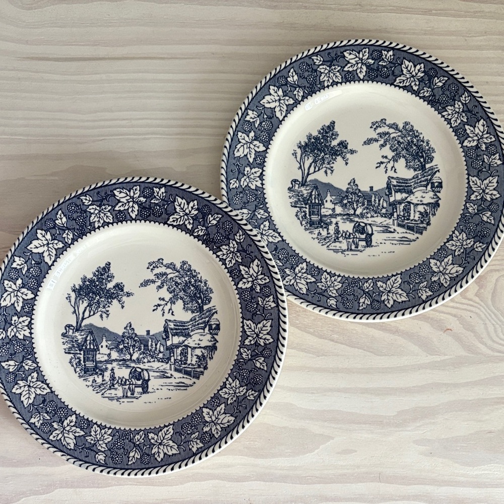 VTG Pair of Homer Laughlin Shakespeare Country Dinner Plate Blue White Ironstone